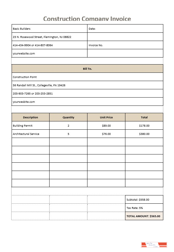 Construction Company Invoice Template PSD template